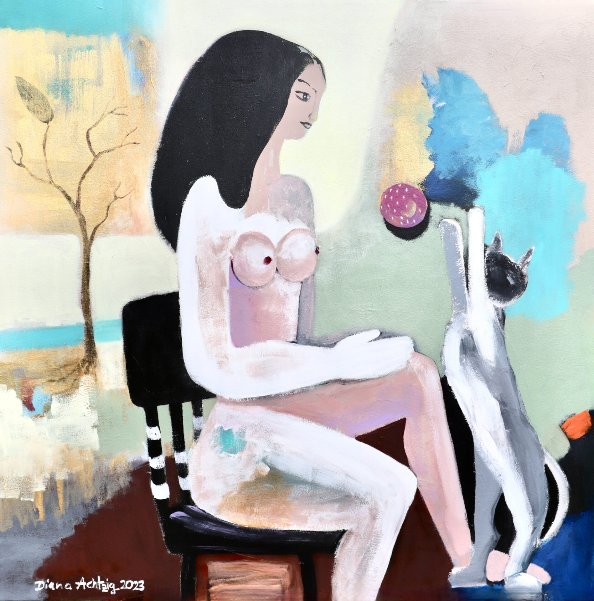 1. Diana Achtzig, Aktbild, Erotikbild, Neue Leipziger Schule, Kunst, kaufen "Junges Mädchen mit Katze und Ball", 
Ölfarbe auf Leinwand, 80 x 80 cm, Berlin 2023, 3.500 €