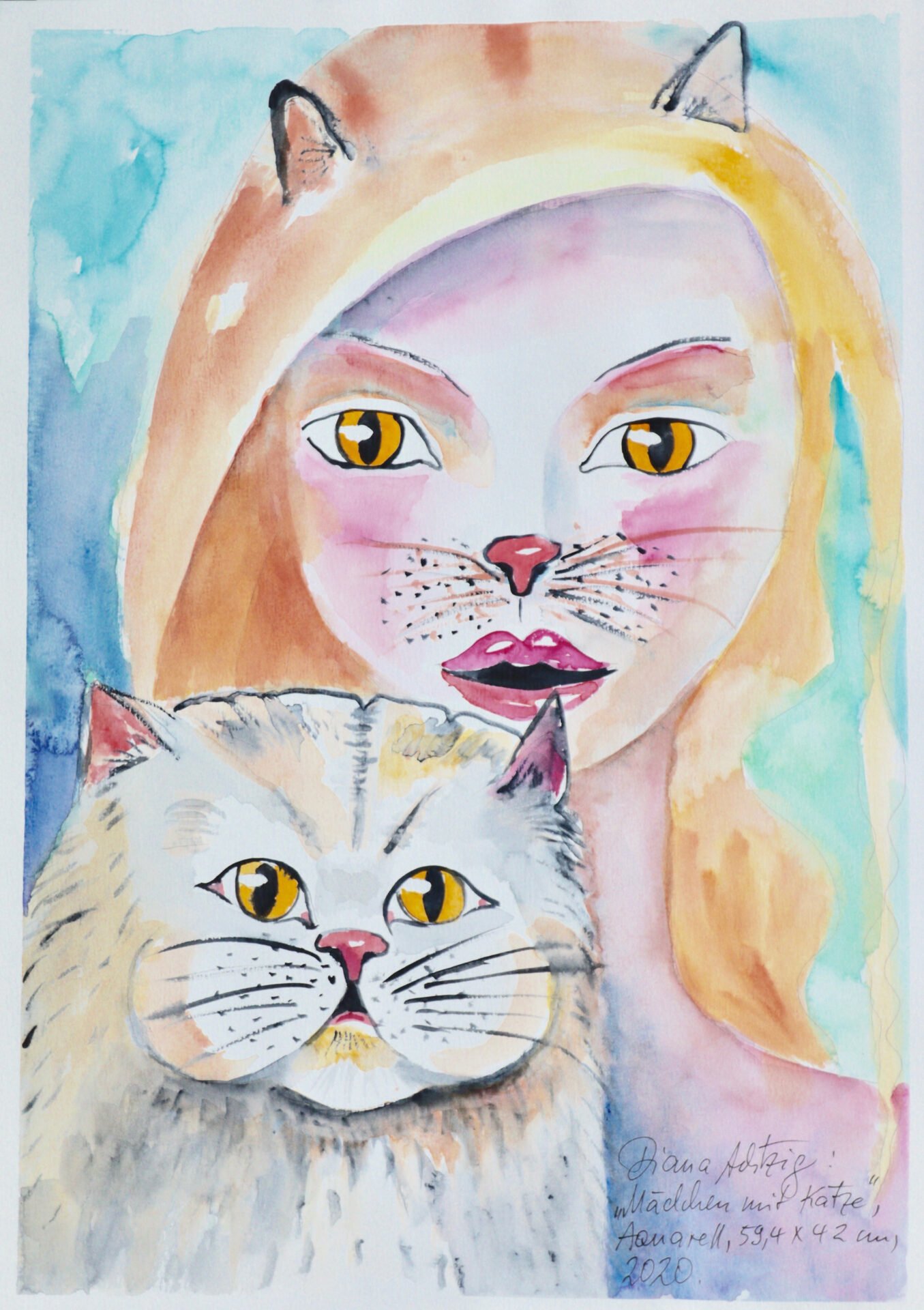 Diana Achtzig: "Mädchen mit Katze", Aquarell auf Aquarellpapier, Papierarbeit, 49,4 x 42 cm, 2020, 250 € Geburtstagsgeschenke,  Kunst, kaufen,