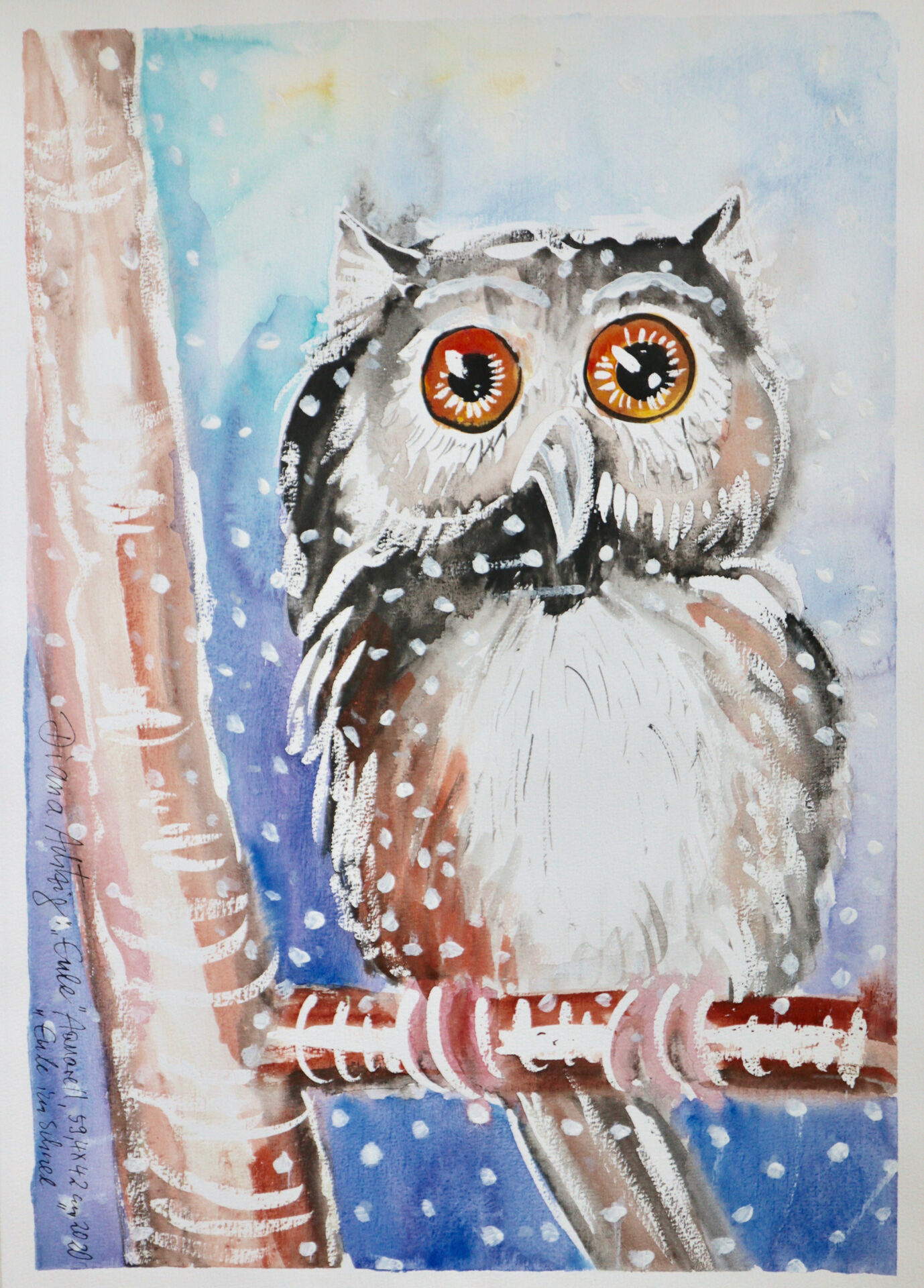 Diana Achtzig: Eule im Schnee, Aquarell auf Papier, 59,4 x 42 cm, 250 €, 2020, Kunst kaufen, Geburtstagsgeschenk