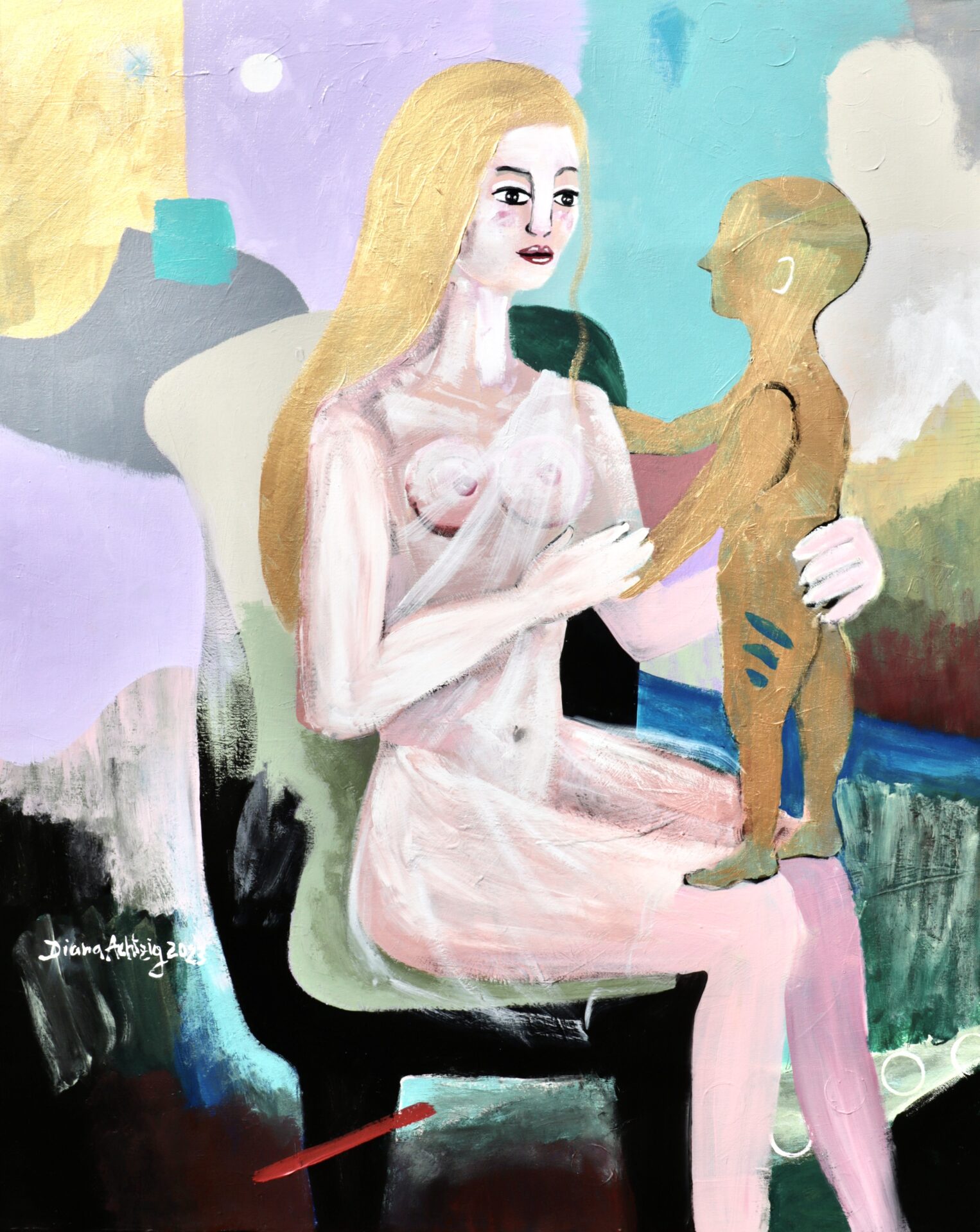 4. Diana Achtzig, Aktbild, Erotik, Bild, Kunst, kaufen, Neue, Leipziger, Schule "Madonna mit Jesus", Ölfarben auf Leinwand,
100 x 80 cm, Berlin 2023, 3.900 €