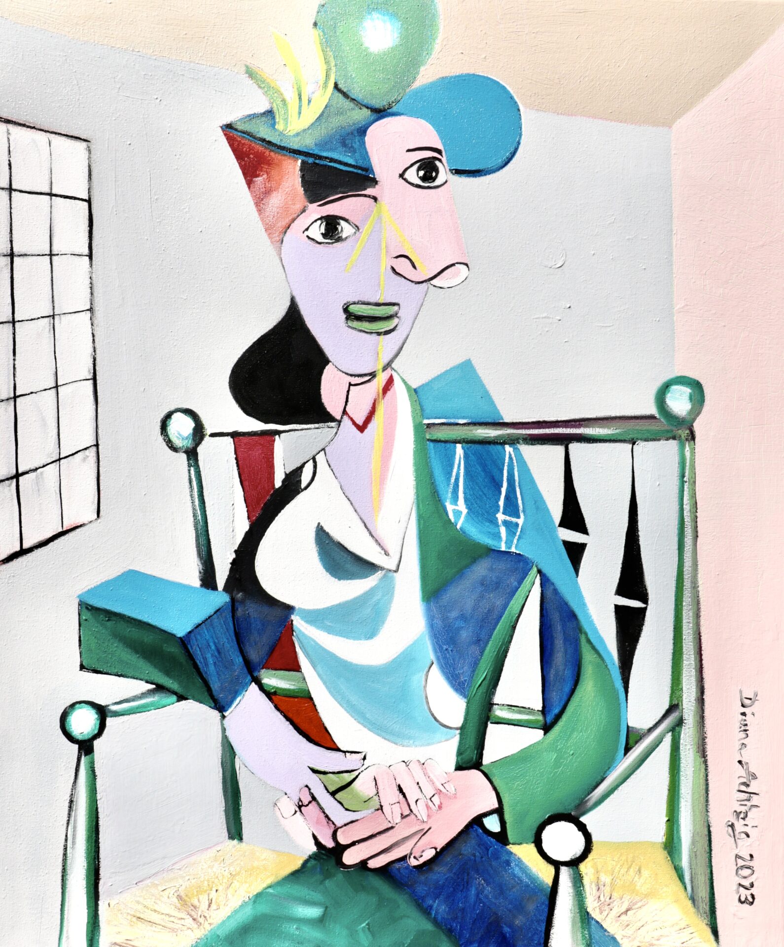 Original Kunst kaufen: „Dora Maar (Mädchen) mit Hut und Katze“ – Hommage an Picassos Muse in Öl