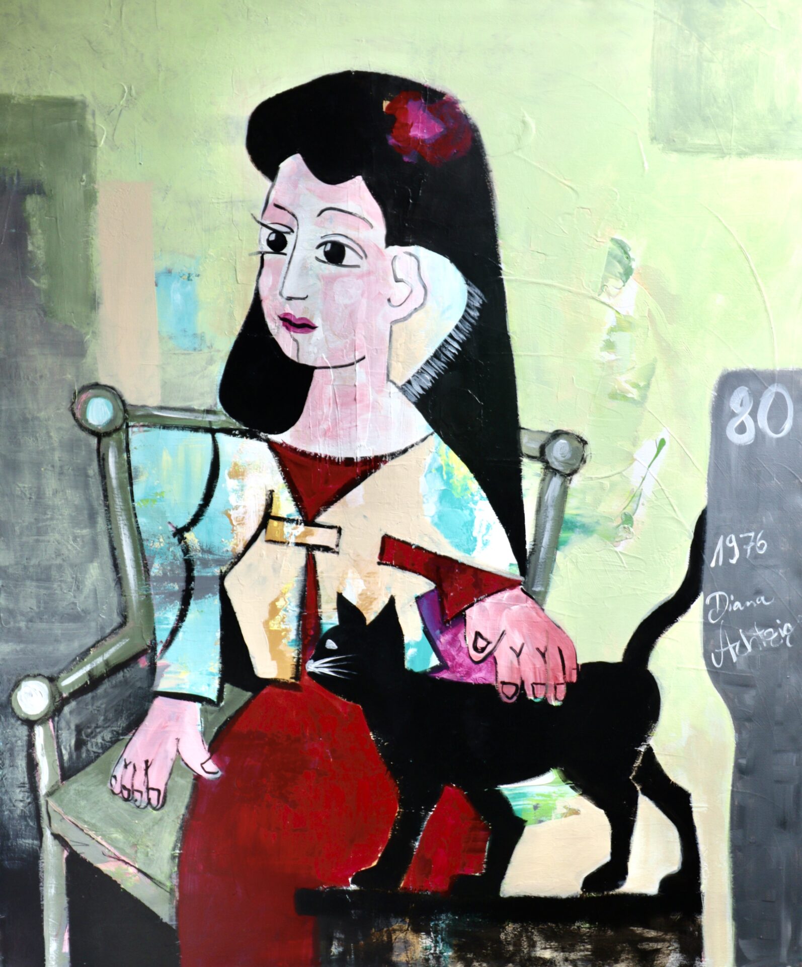 Diana Achtzig: „Mädchen in Rot mit Katze“, Acrylfarbe auf Leinwand, 120 x 100 cm, Jahr: 1976, Berlin, 3.900 €