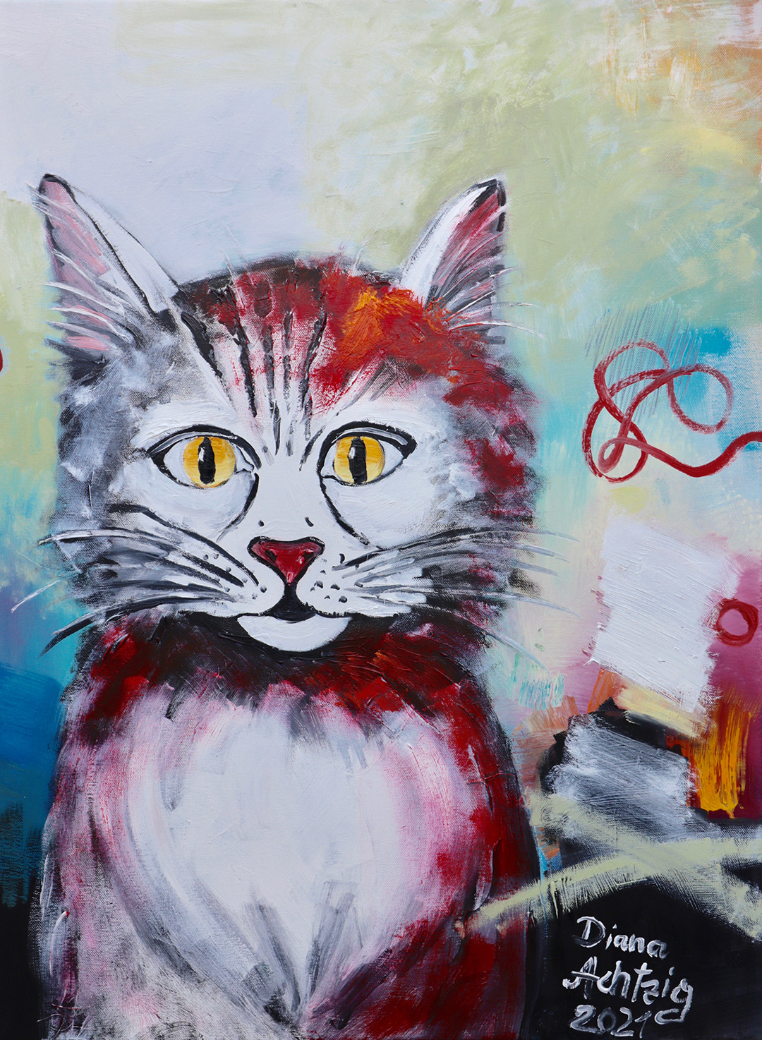 Kunst kaufen Tier Portrait Diana Achtzig: „Rote Katze“, Ölbild auf Leinwand, 80 x 60 cm, Berlin, 2019 – 2021, 350 €
