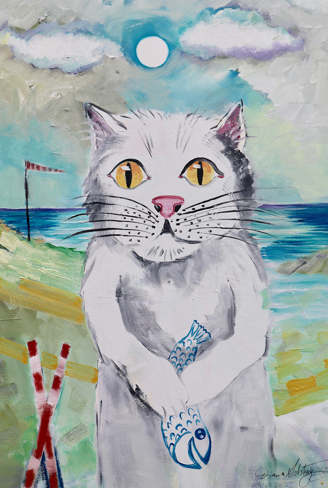 Original-Ölgemälde "Weiße Katze mit Fisch vor dem Meer" von Diana Achtzig, Öl auf Leinwand, Unikat aus Serie „Bilder der Hoffnung“, 659 €, jetzt sichern!