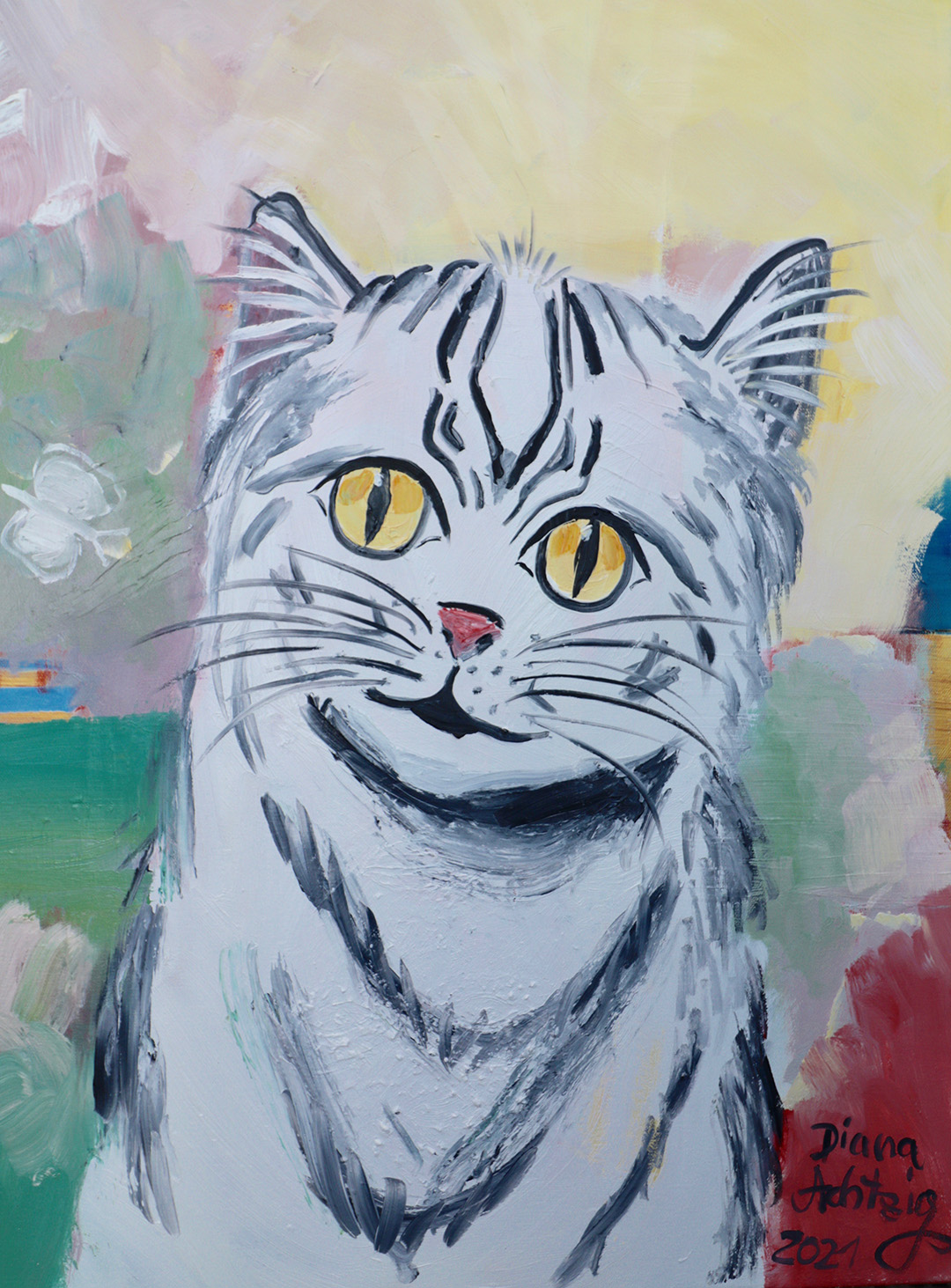 Kunst kaufen Tier Portrait Diana Achtzig: „Weiße Katze mit Schmetterling“, Ölbild auf Leinwand, 80 x 60 cm, Berlin, 2019 – 2021, 550 €