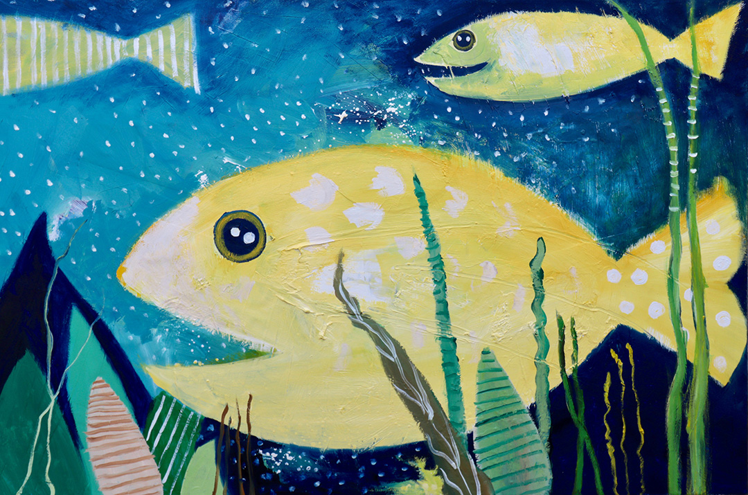 Exklusives Geburtstagsgeschenk für Familien und Kinder: Malerin Diana Achtzig: „Drei Gelbe Fische“, Ölfarbe auf Leinwand, 50 x 70 cm, Jahr: 2019, Berlin, 250 €