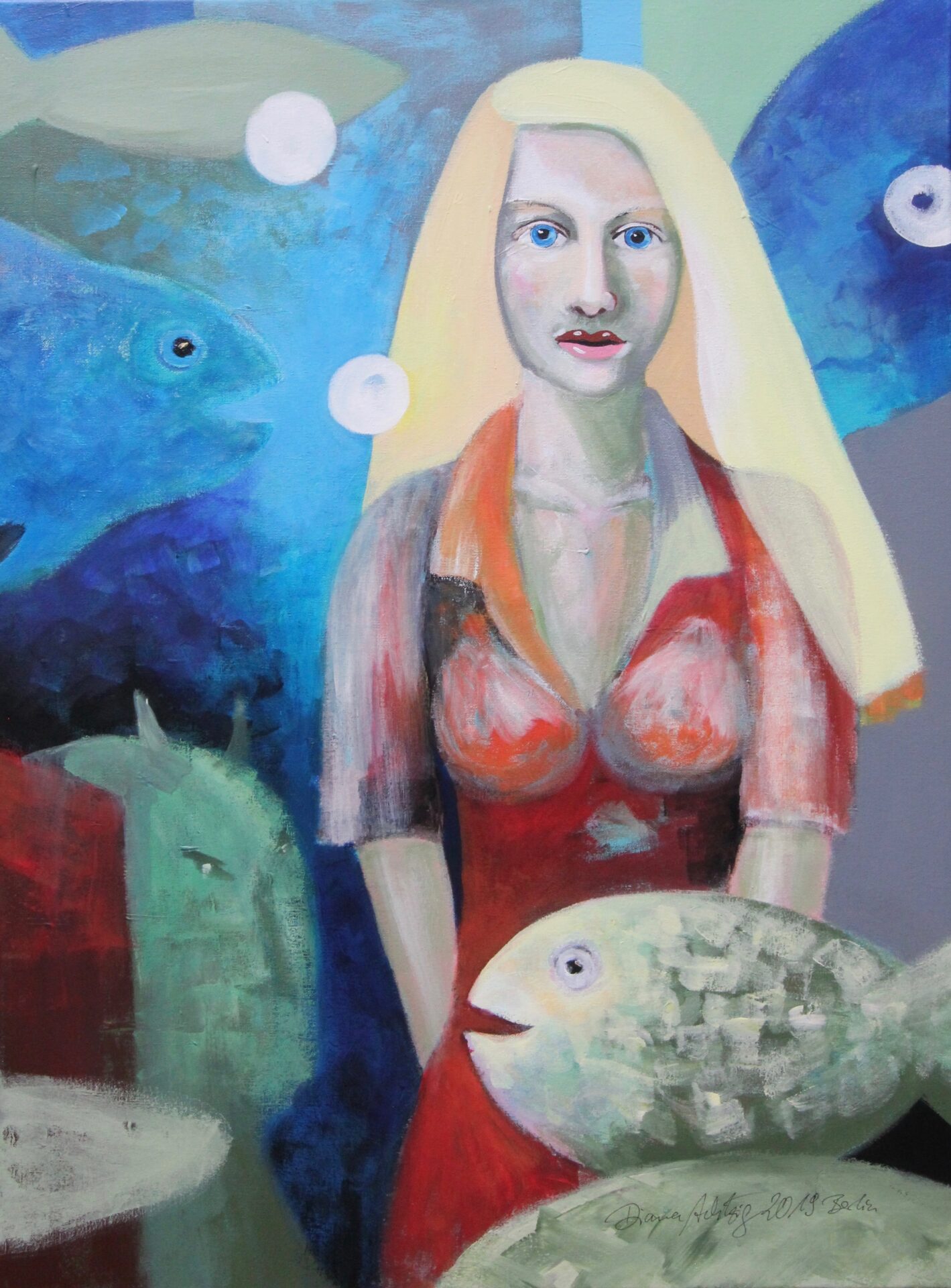 TOP exklusives Geburtstagsgeschenk für Familien und Kinder - Kunst kaufen - Tier Portrait von der Malerin Diana Achtzig: „Mädchen mit Fischen und Teufel unter Wasser“, Acrylfarbe auf Leinwand, 80 x 60 cm, Jahr: 2019, Berlin, 500 €