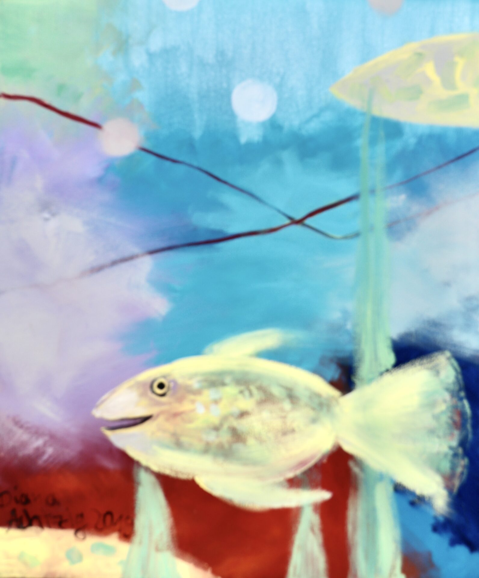 Exklusives Geburtstagsgeschenk für Familien und Kinder: Malerin Diana Achtzig: „Zwei Gelbe Fische vor abstraktem Türkisen Hintergrund“ , Ölfarbe auf Leinwand, 60 x 50 cm, Jahr: 2019, Berlin, 250 €