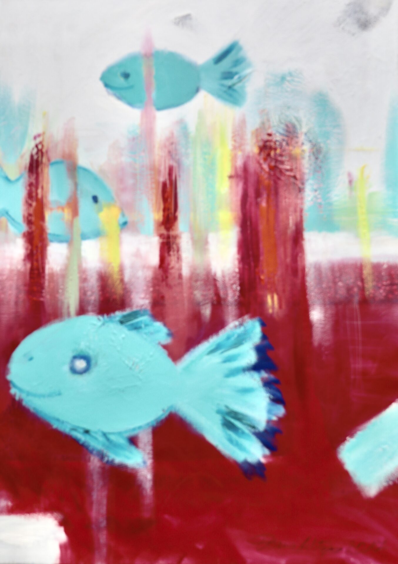 Exklusives Geburtstagsgeschenk für Familien und Kinder - Kunst kaufen - Tierportrait von Diana Achtzig: Drei Türkise Fische vor Dunkelrotem Grund, Ölfarbe auf Leinwand, 70 x 50 cm, 2017 - 2019, Berlin 350 €.