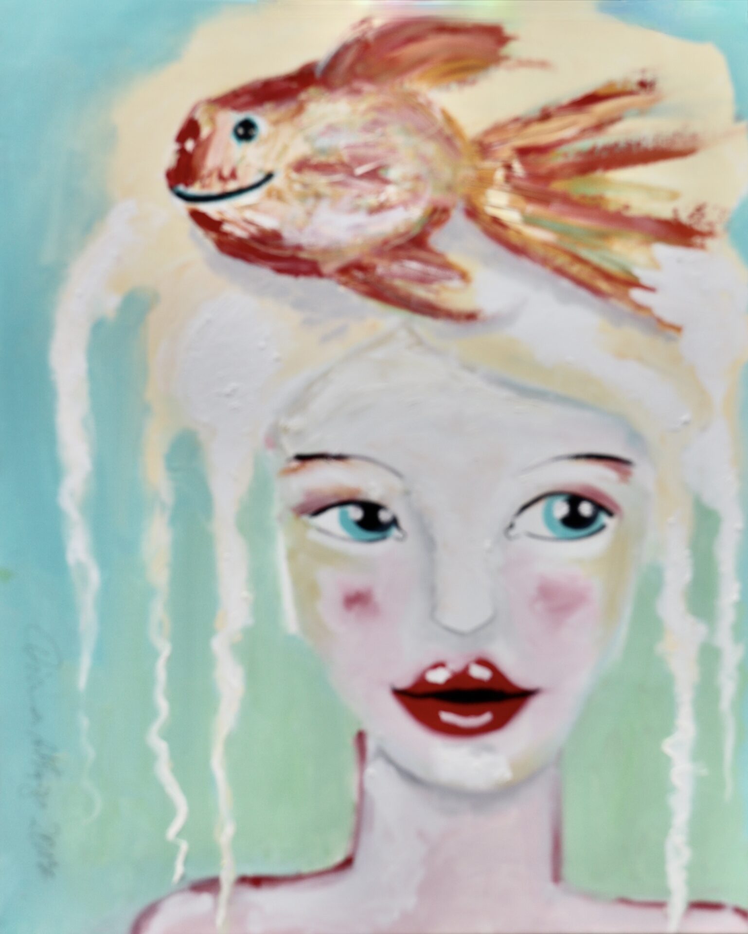 Exklusives Geburtstagsgeschenk für Familien und Kinder: Malerin Diana Achtzig: Roter Fisch mit Mädchen, Ölfarbe auf Leinwand, 60 x 50 cm, 2017, Berlin 250 €.