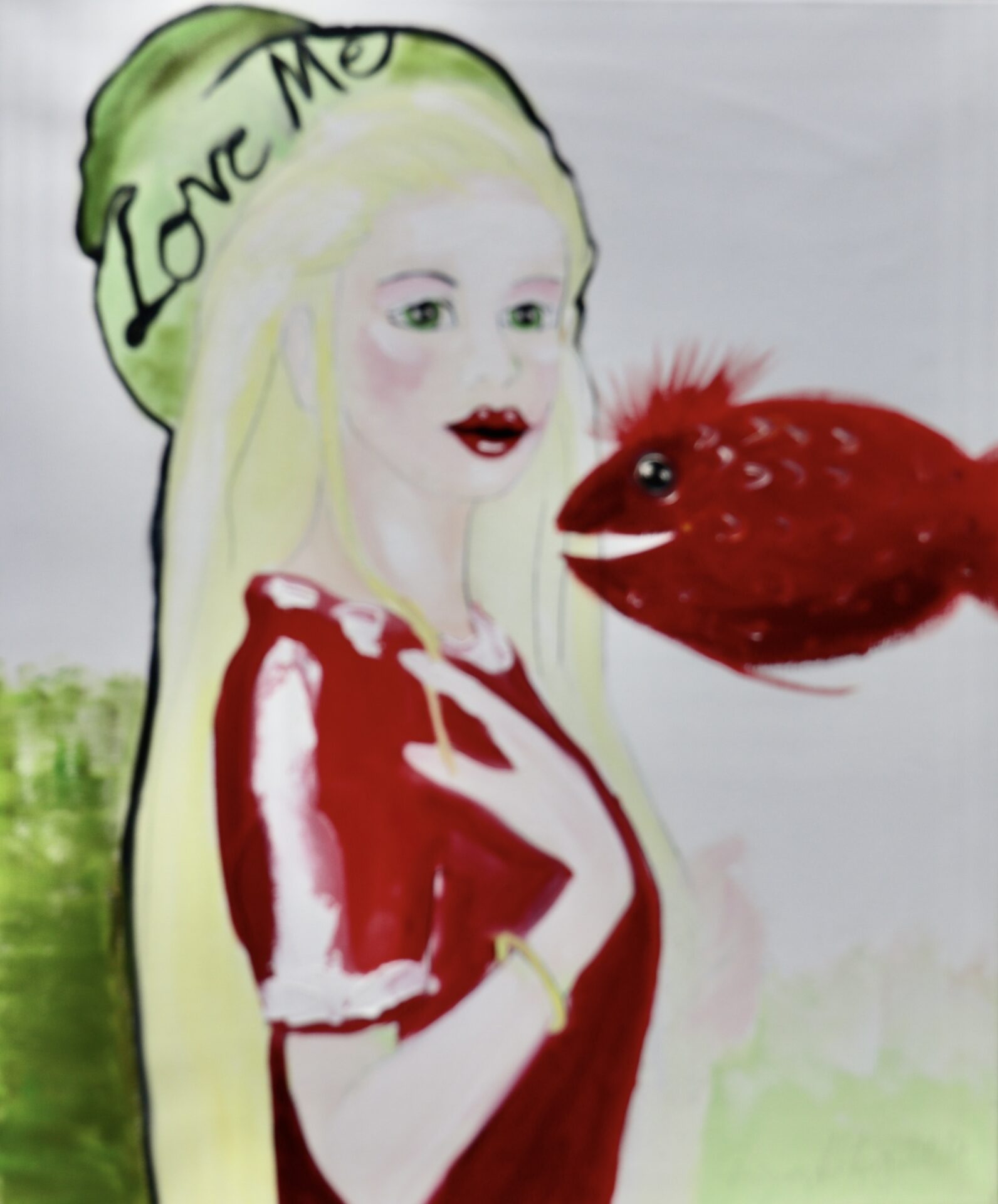 Sehr Exklusives Geburtstagsgeschenk für Familien und Kinder - Kunst kaufen - Tierportrait von Diana Achtzig: „Love Me mit Rotem Fisch“, Ölfarbe auf Leinwand, 60 x 50 cm, Berlin, 2011 bis 2026, Berlin, 350 €.