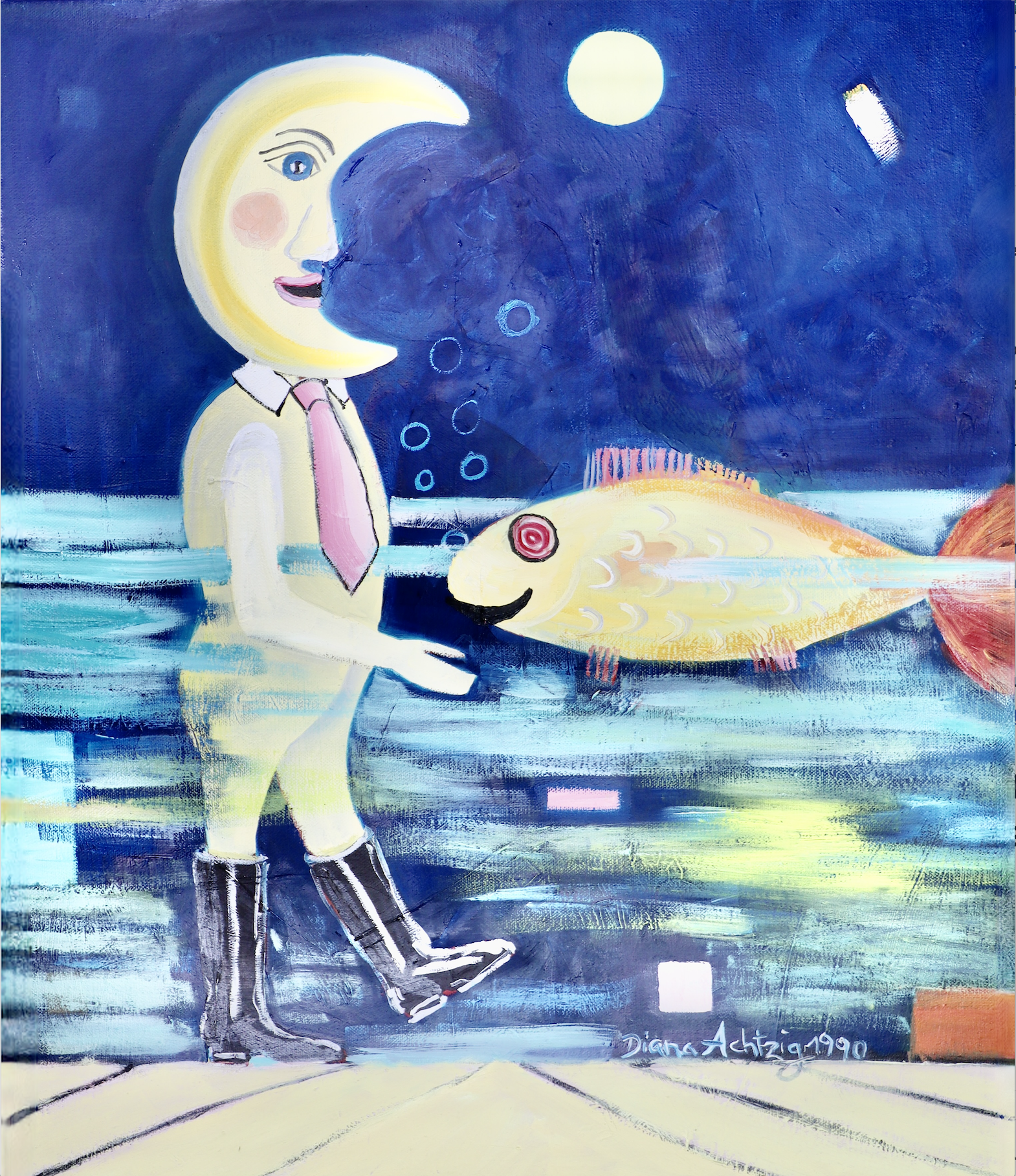 Diana Achtzig: Hommage an Paul Klee - der goldene Fisch beim Mondschein, Ölfarbe auf Leinwand, 60 x 50 x 2 cm, 2023, 500 €, Kunst, Fischbild, Malerei, kaufen,
