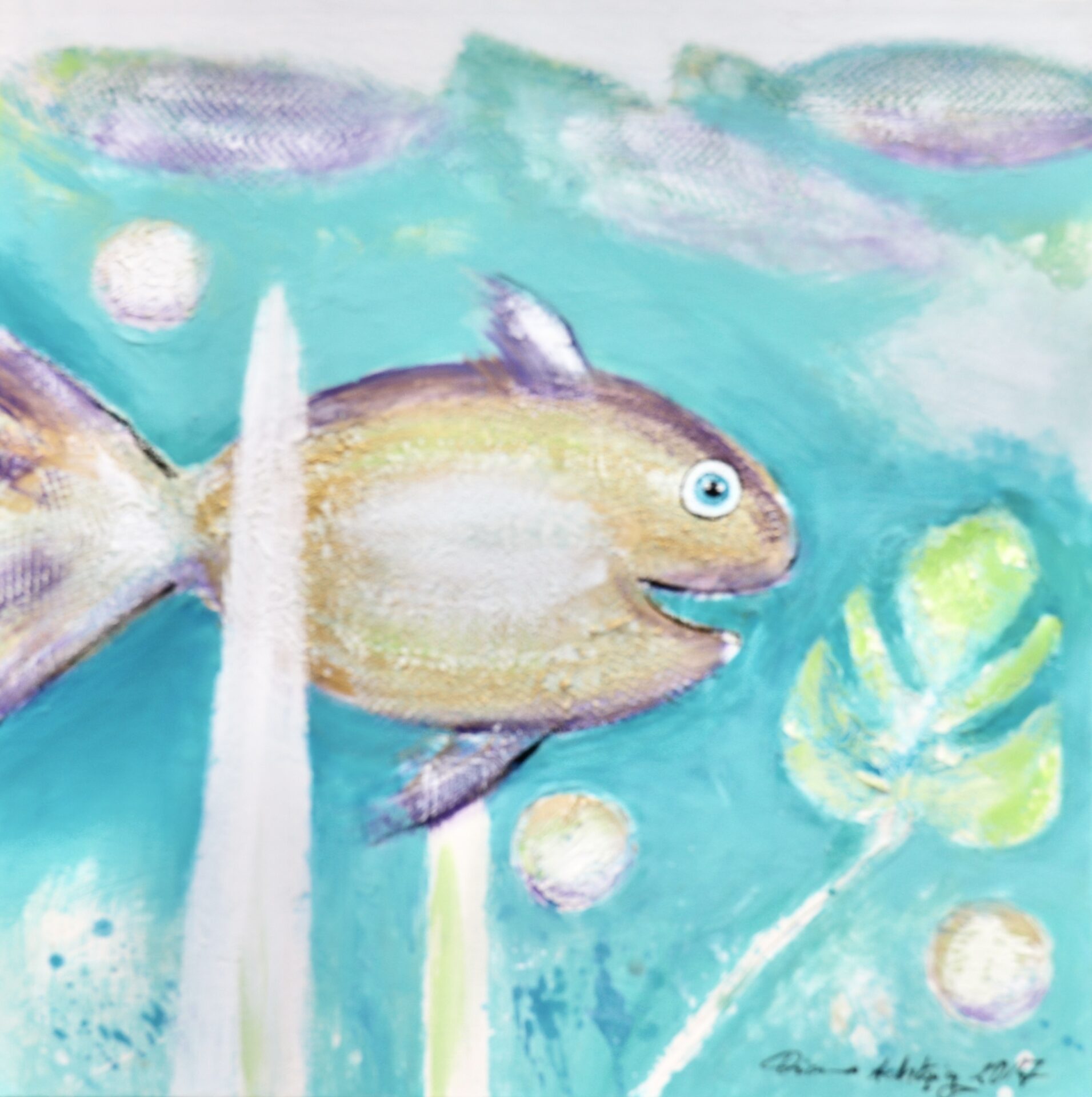 Strukturfische mit Grünem Blatt, Strukturpaste mit Acryl auf Leinwand, 80 x 80, 2017, 900 €