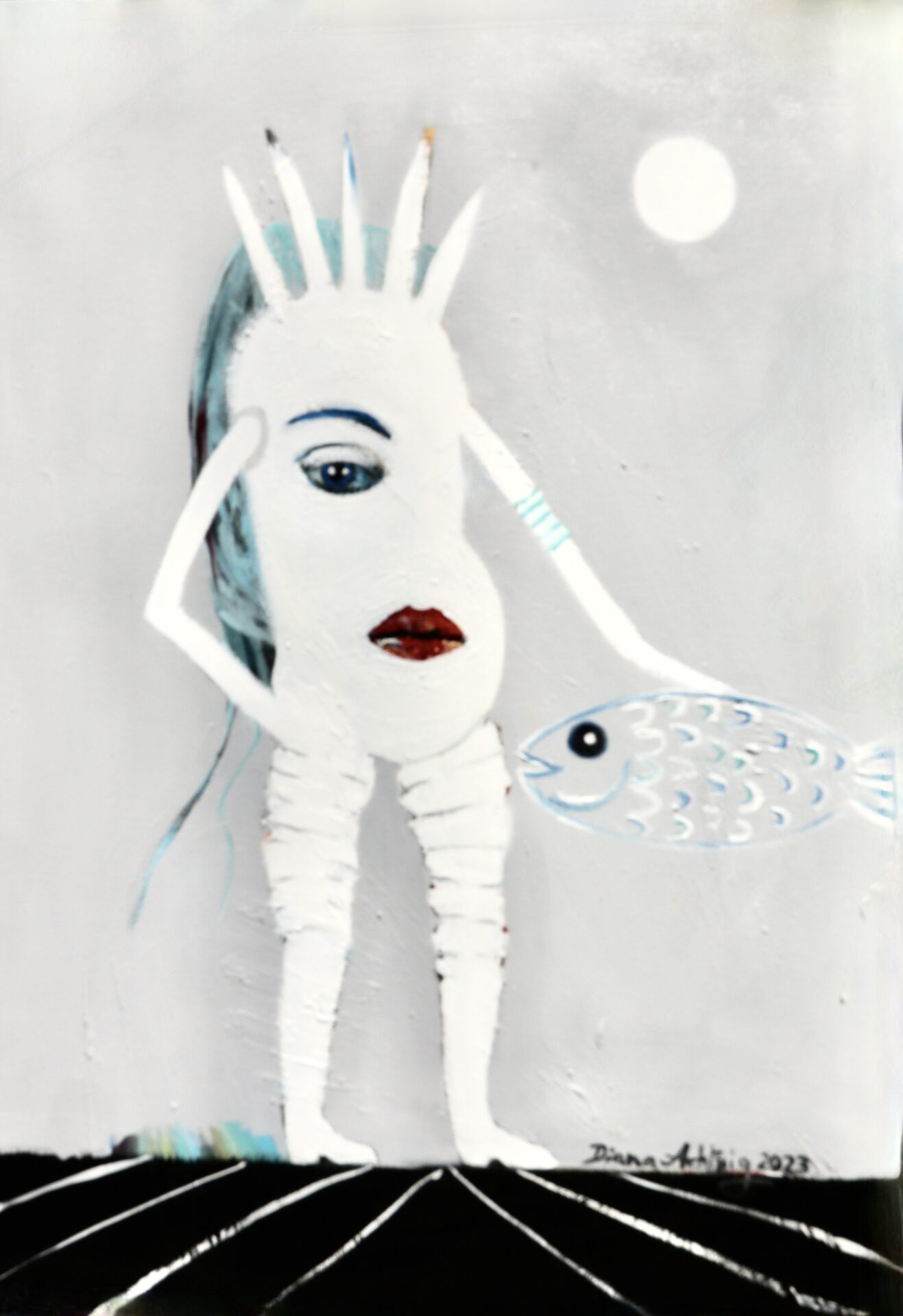 Diana Achtzig – „Weiße Punkfrau mit transparentem Fisch“
Öl auf Leinwand, 70 × 50 × 2 cm, 2023 – 498 €
Ein kraftvolles, modernes Gemälde, das Rebellion, Freiheit und Symbolik vereint. Die Punkfrau und der transparente Fisch stehen für Individualität, Kreativität und Hoffnung – ein einzigartiges Werk für Sammler zeitgenössischer Malerei.
