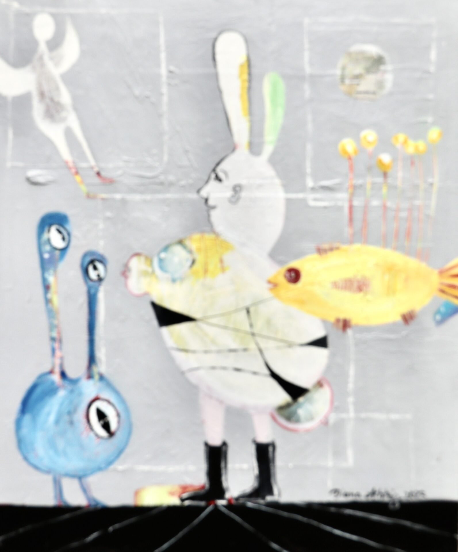 Original „Goldfisch mit Engel nach Paul Klee“ von Diana Achtzig: modernes, luxuriöses Ölbild aus der Graubilder-Serie. Perfekt für stilvolle Räume & Sammler.