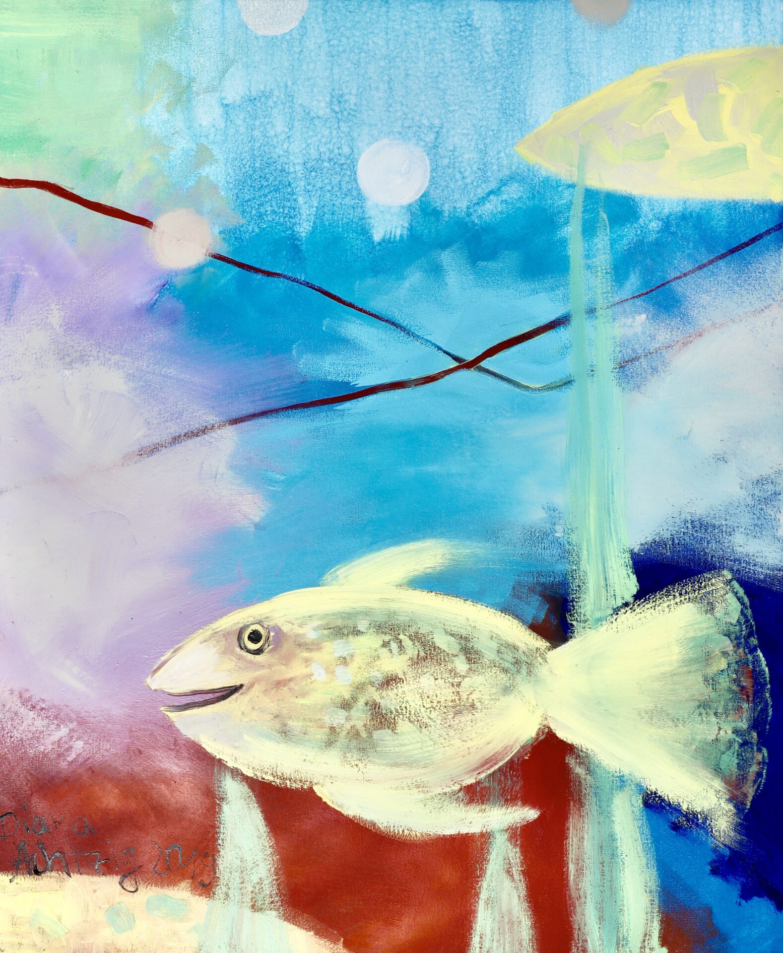 Diana Achtzig: „Zwei Gelbe Fische vor abstraktem Türkisen Hintergrund“ , Ölfarbe auf Leinwand, 60 x 50 cm, Jahr: 2019, Berlin, 250 € Kunst, Fischbild, Malerei, kaufen,
