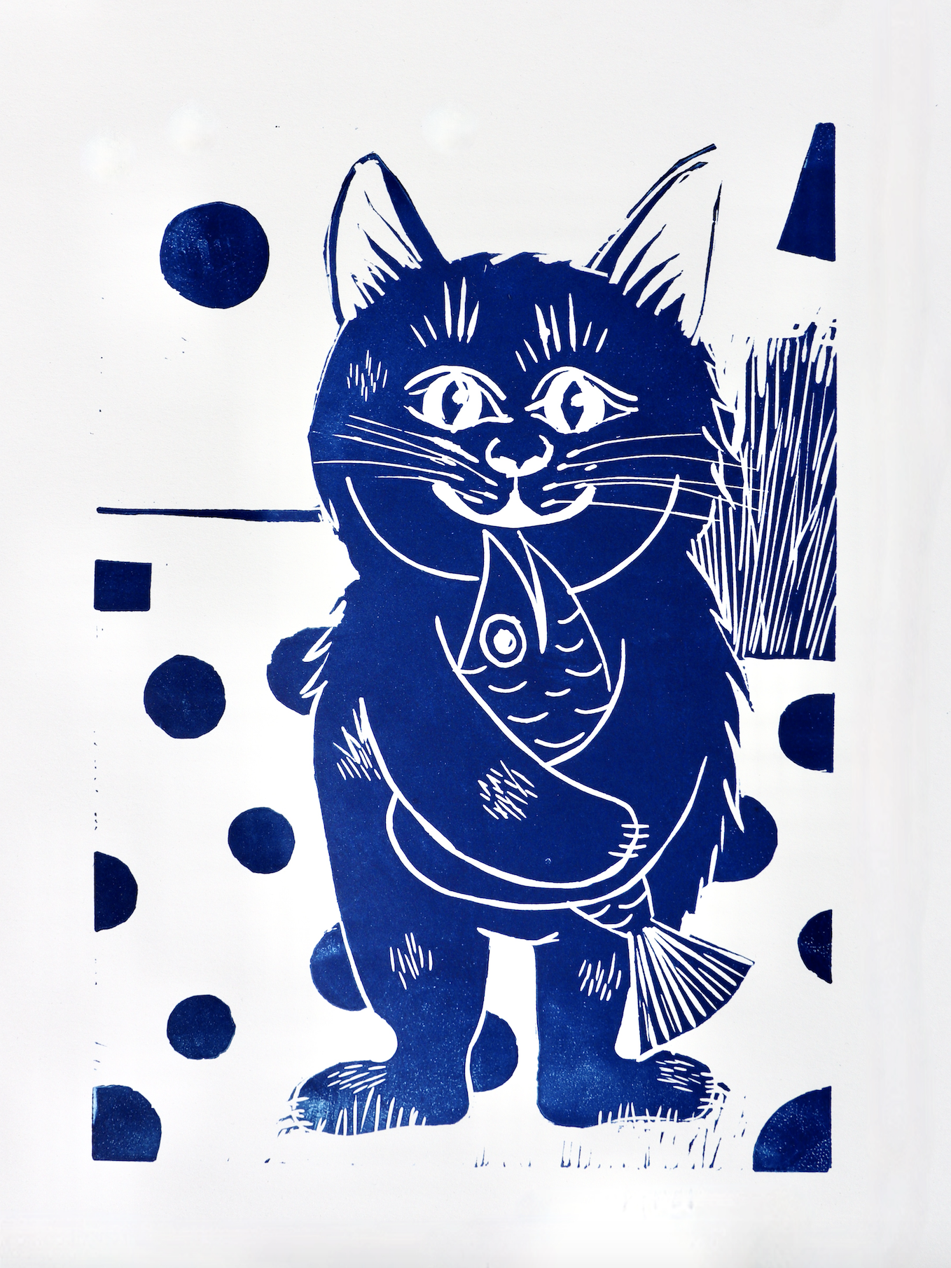 Original Kunst kaufen – Linoldruck „Ausdrucksstarkes Katzen-Porträt in Blau“ von Diana Achtzig: „Katze mit Fisch",klassischer Linoldruck, handgedruckt mit Druckwalze, limitierten Auflage von nur 150 Stück, jedes Exemplar handsigniert, nummeriert und einzigartig, A3-Büttenpapier (säurefrei, lichtecht, 300 g/m²), Ultramarin / Preußischblau – lichtechte Pigmente von der Firma Schmincke, Entstehungsjahr: 2025, Auflage: 150 signierte, nummerierte Exemplare, 99,00 €