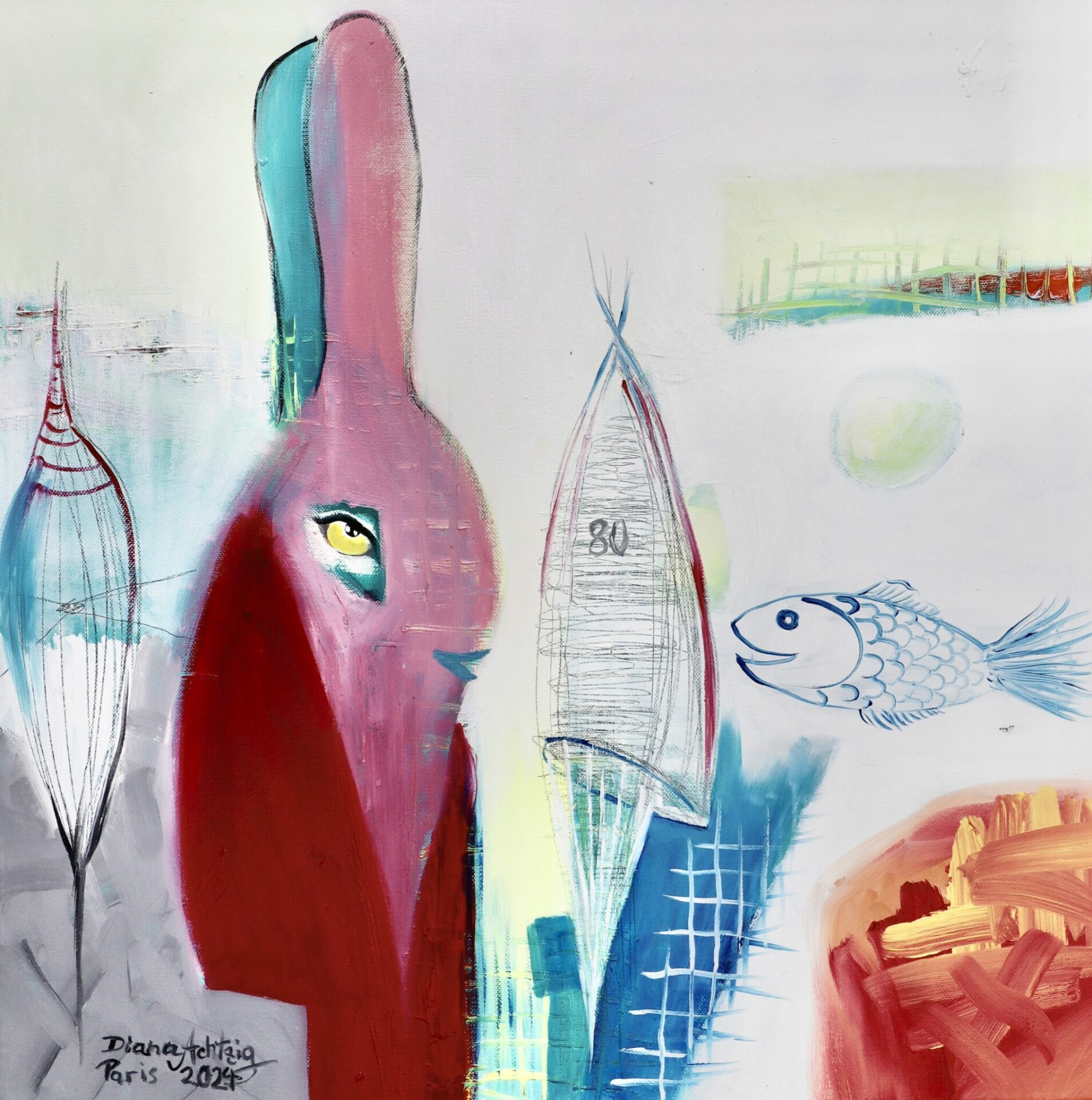 Original-Ölgemälde „Hase mit transparentem Fisch“ von Diana Achtzig, 60 × 60 x 2  cm, Öl auf Leinwand, Unikat 2024, jetzt sichern 498 €!