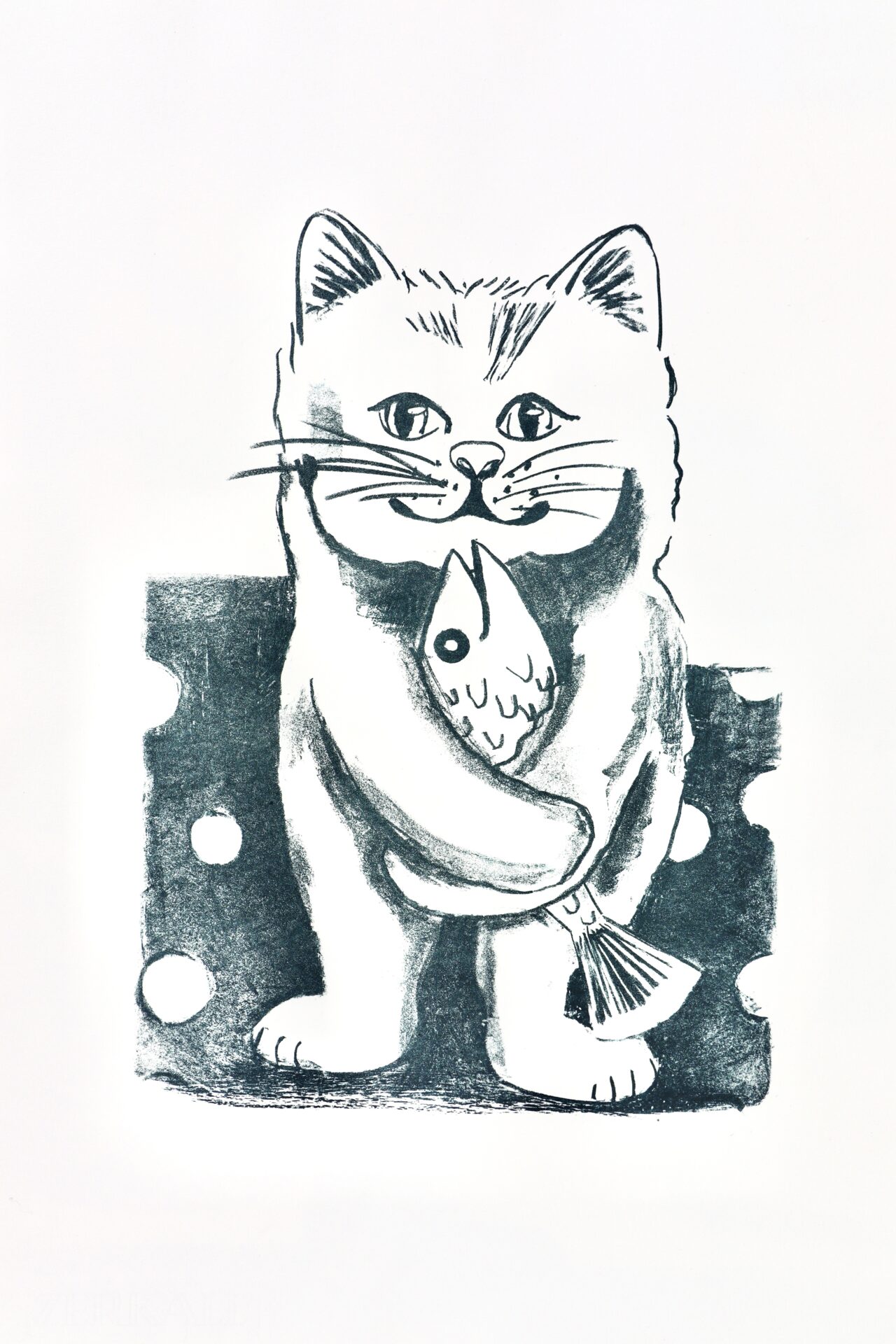 Limitierte Blau-Weiß-Lithografie: „Katze mit Fisch“, A2 auf Büttenpapier, Auflage 5. Starke Symbolik, Steindruck, Sammlerwert. Teil der Serie „Bilder der Hoffnung“ von Diana Achtzig.