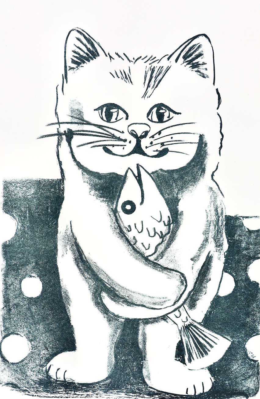 Limitierte Schwarz-Weiß-Lithografie „Katze mit Fisch“, A2 auf Büttenpapier, Auflage 5. Starke Symbolik, Steindruck, Sammlerwert. Teil der Serie „Bilder der Hoffnung“.