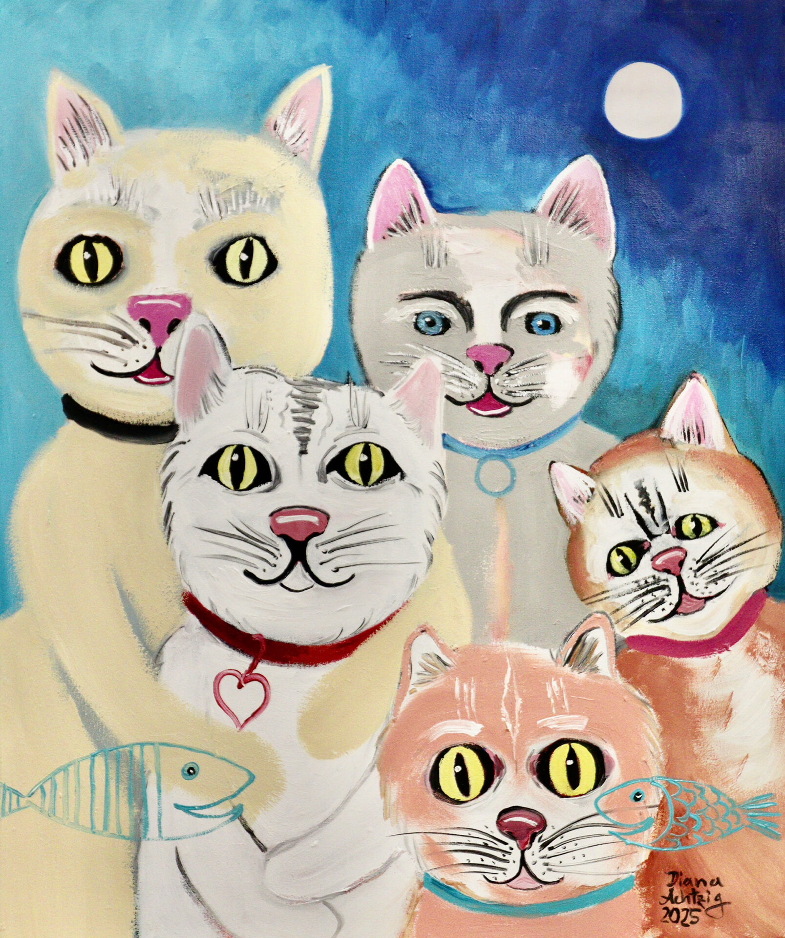 Diana Achtzig: "Katzenparade mit Fischen", Öl auf Leinwand, 60 x 50 x 2 cm, 2025 - Erleben Sie ein Zeichen der Hoffnung!