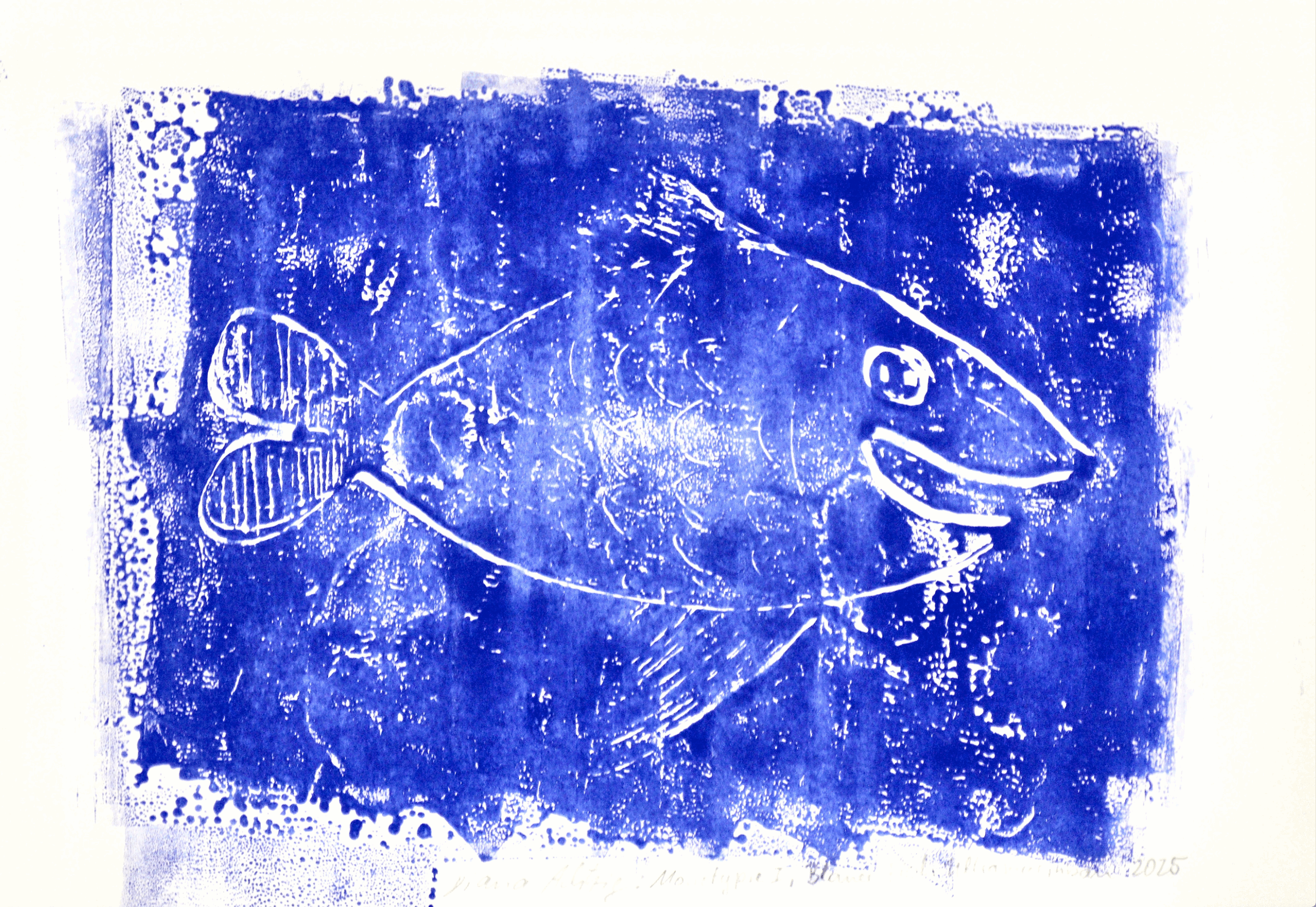 Bildserie: "Bilder der Hoffnung", Diana Achtzig "Blauer Fisch Ultramarin", Monotypie (Einmaldruck, Unikat), A3, 2025, Bildnummer: 613