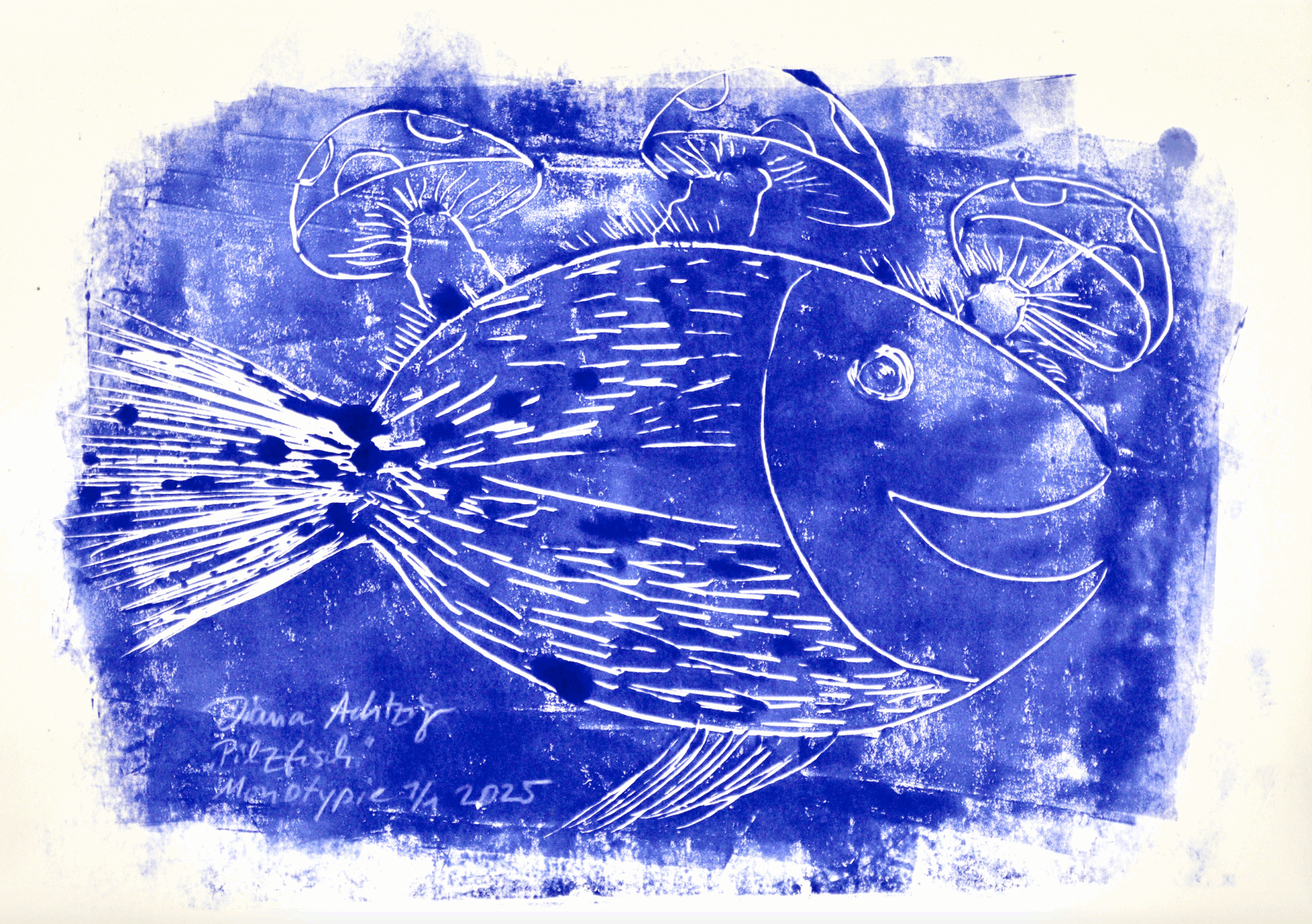 Bildserie: "Bilder der Hoffnung" – Blaudruck – Monotypie, Diana Achtzig "Pilzfisch", Monotypie (Einmaldruck, Unikat), A3, 2025