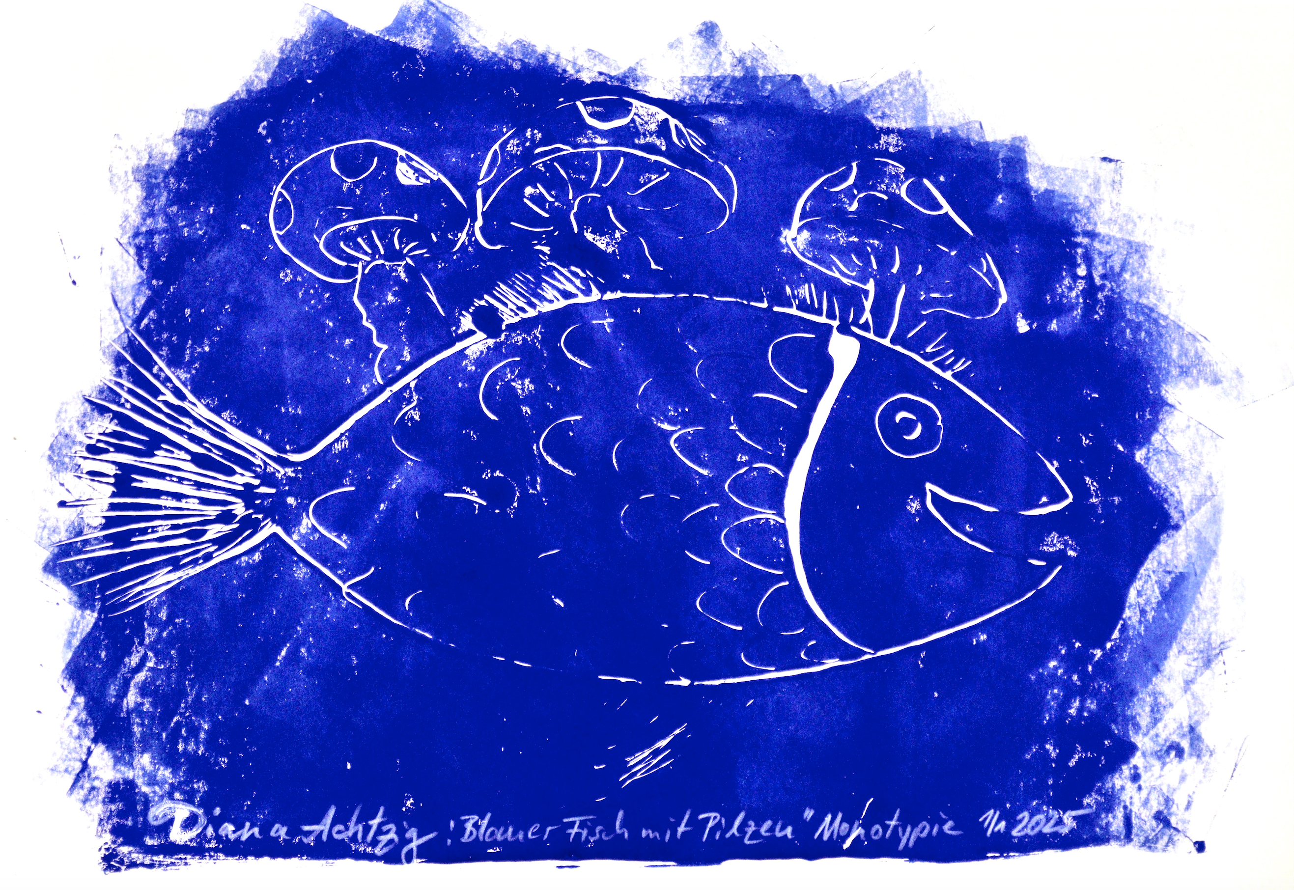 Bildserie: "Bilder der Hoffnung" – Blaudruck – Monotypie, Diana Achtzig: "Blauer Fisch mit Pilzen", Monotypie (Einmaldruck= Einzelstück), 2025