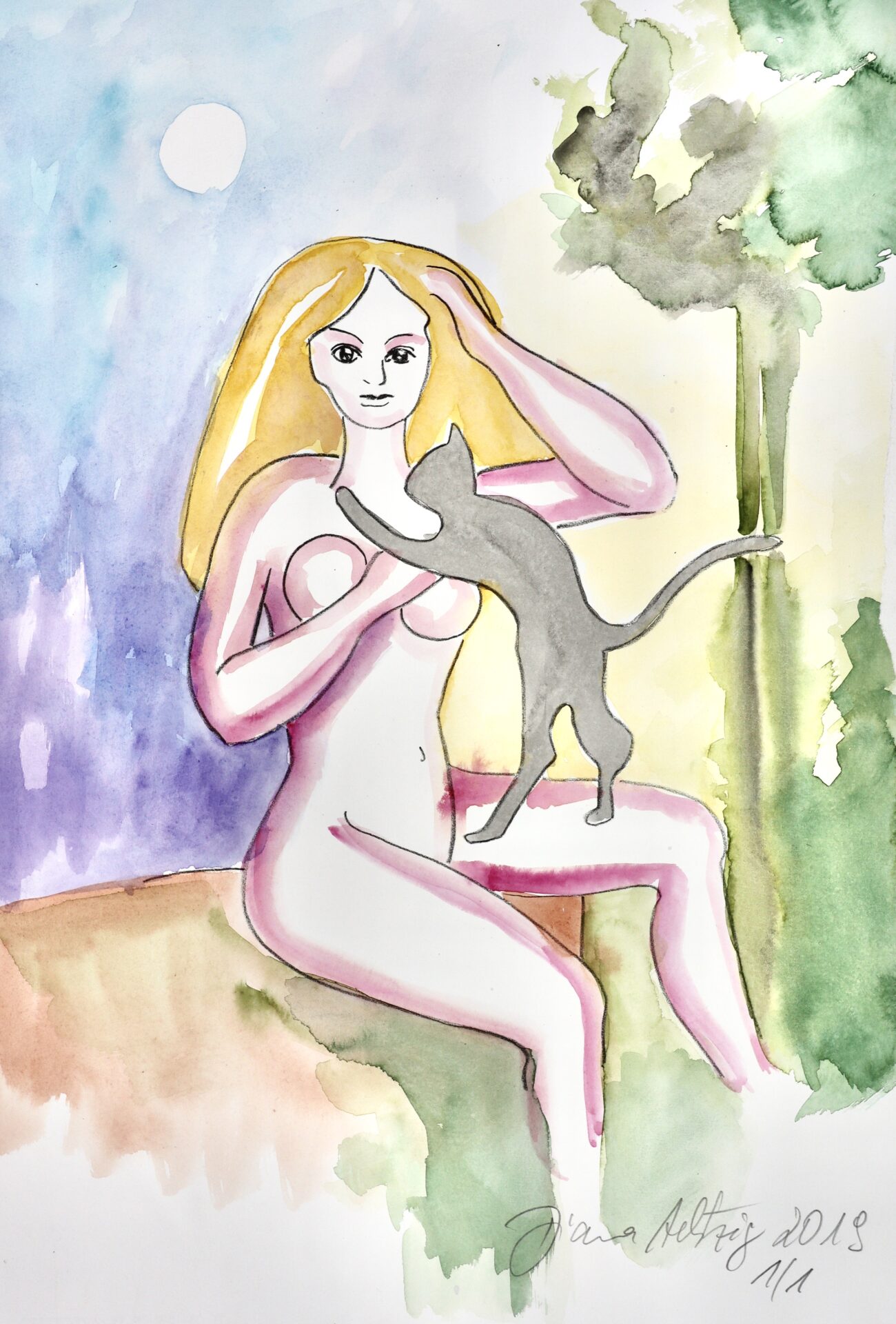 Diana Achtzig „Mädchen mit Katze – Schwarzer Druck“ – Farb-Lithographie A3, Einzelstück, 389 €, handkoloriert, Akt & Erotik, exklusive Kunst für Sammler und Wohnräume.