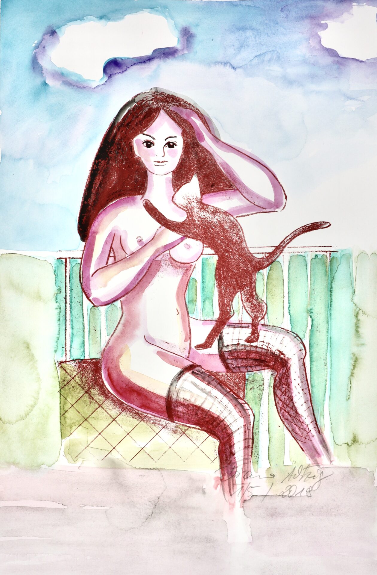 Diana Achtzig „Mädchen mit Katze“ – Farb-Lithographie + Aquarell, A3, Einzelstück, Druckgrafik, Akt & Erotik, 389 € – Original jetzt sichern!