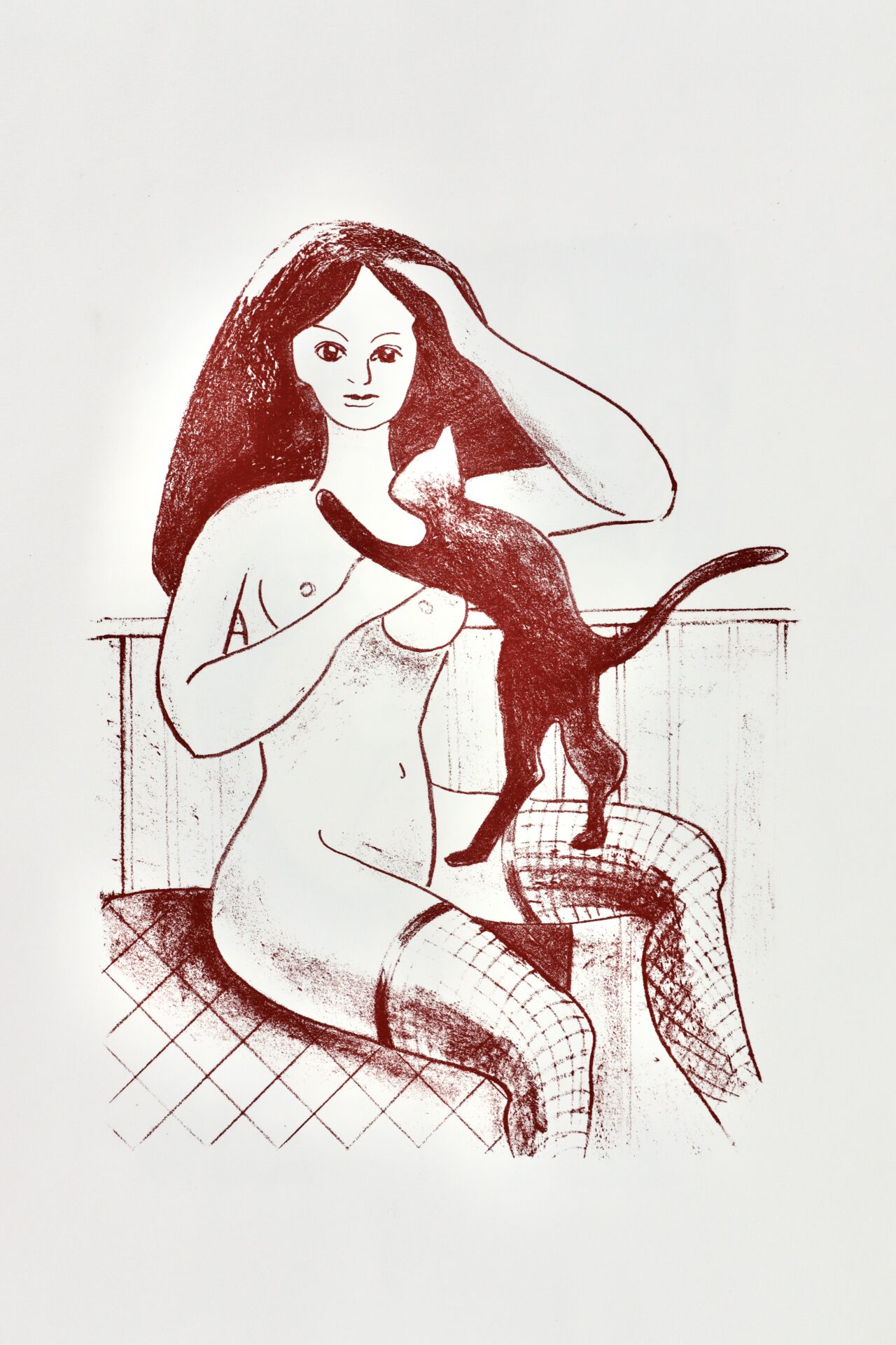 Rot-Weiß-Lithographie „Mädchen mit Katze“, A2, 6 Auflagen. Akt & Erotik auf echtem Büttenpapier. Limitierte Druckgrafik für Sammler und moderne Wohnräume.