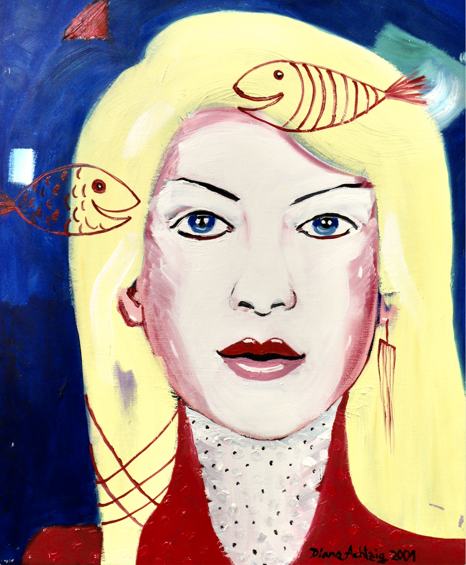 Christliche Kunst, Bilder der Hoffnung, - Diana Achtzig – „Mädchen mit Roten Fischen“, Öl auf recycelter Leinwand, 60 × 50 cm, Jahr 2001 – Preis 495 €