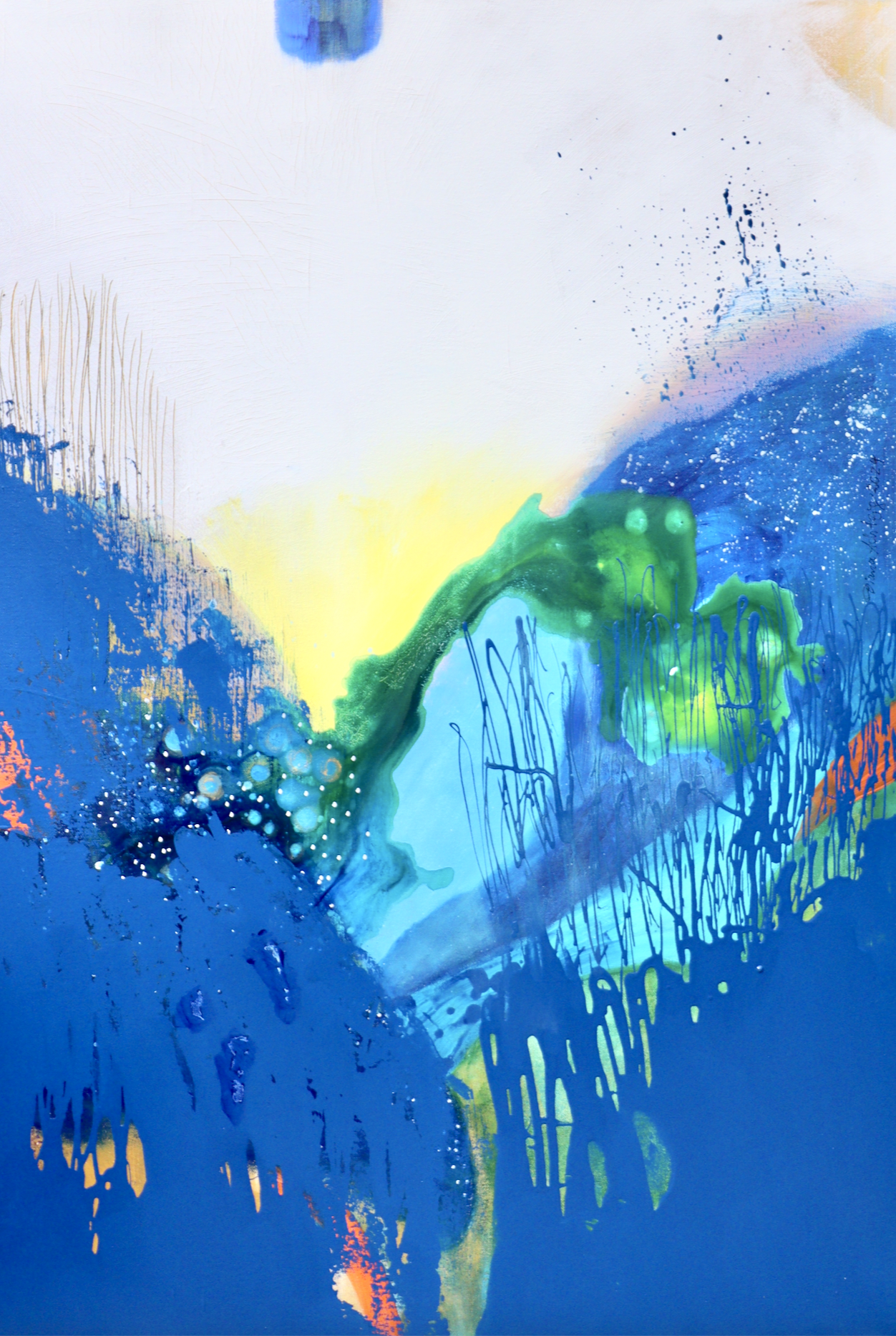 „Infinity Gold“ von Diana Achtzig – abstraktes Acrylbild auf recycelter Leinwand, naturinspirierte Farben, vielschichtig, jetzt im Artsele entdecken!