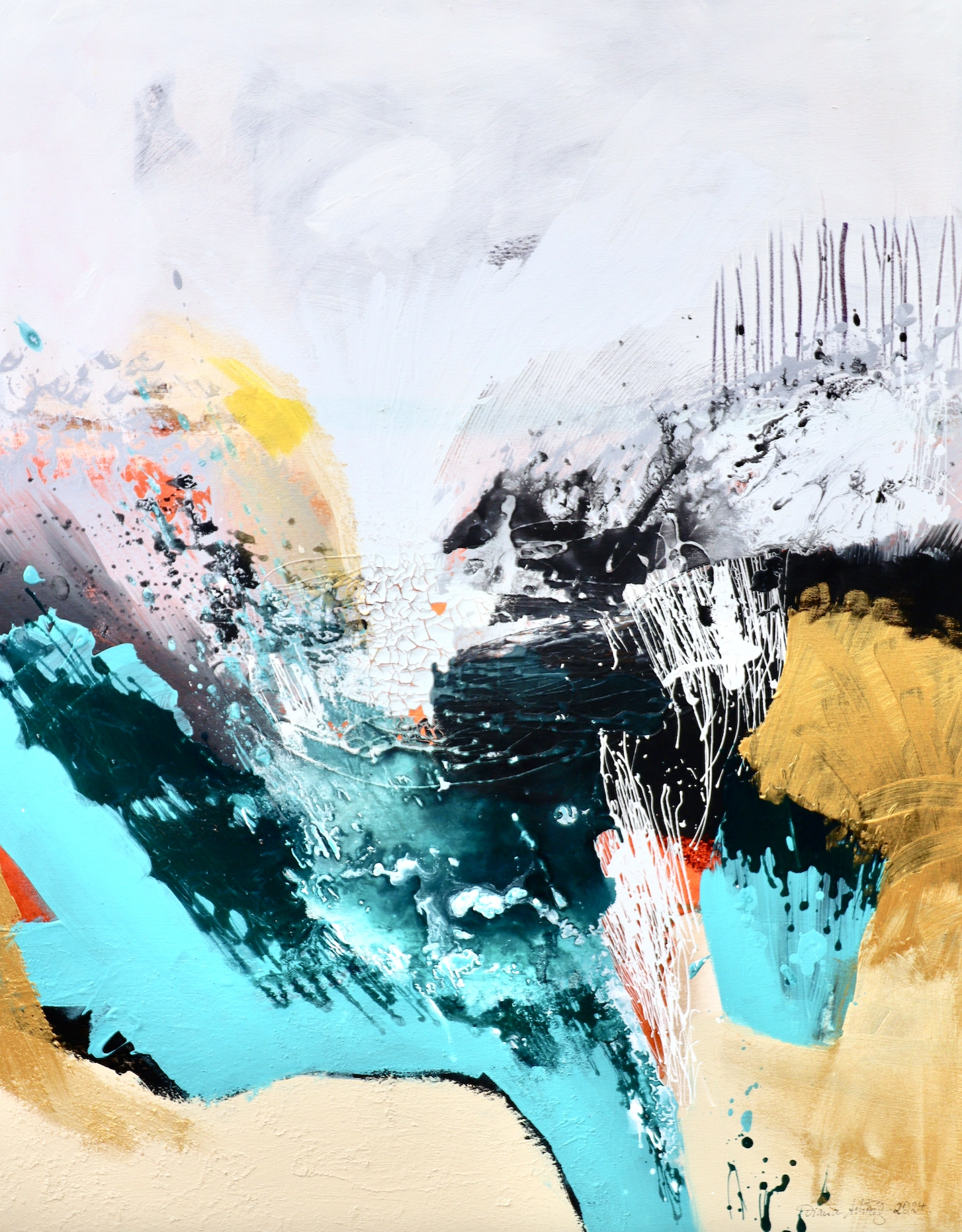 „Wasserfall“ von Diana Achtzig: abstraktes Acryl-Original auf recycelter Leinwand, 100×80 cm. Farbstark & vielschichtig. Jetzt Original entdecken.