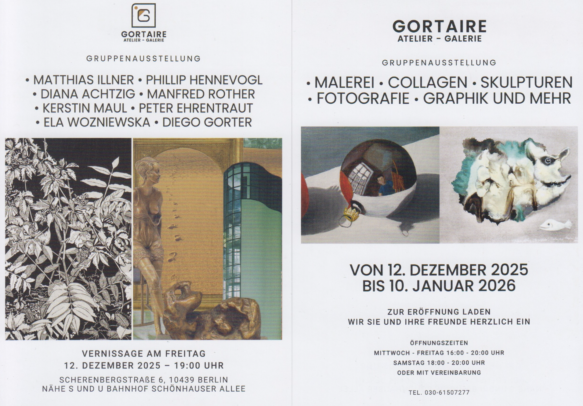 Erleben Sie Diana Achtzig 2025 in einer vielfältigen Gruppenausstellung im Prenzlauer Berg. „Malerei, Collagen, Skulpturen, Fotografie, Graphik und Mehr“ – Vernissage am 12.12.2025, 19 Uhr, Galerie Gortaire. Laufzeit: 12.12.2025 – 10.01.2026.