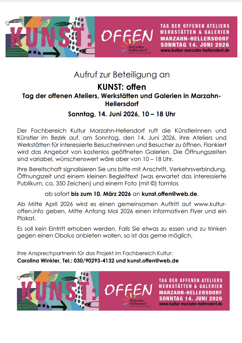 „KUNST: offen“ – Sonntag, 14. Juni 2026 
„KUNST: offen“ – Tag der offenen Ateliers, Werkstätten und Galerien in Marzahn-Hellersdorf Öffnungszeiten: 10 – 24 Uhr Bei Diana Achtzig