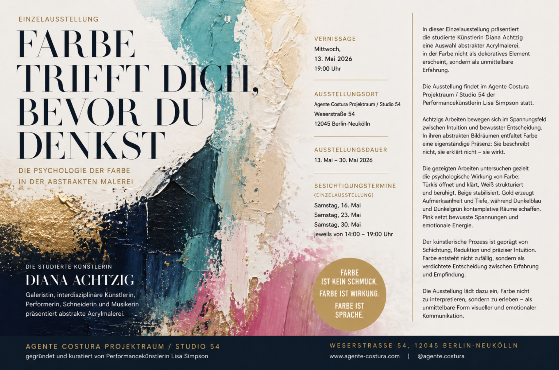 Diana Achtzig - Vernissage: Mittwoch, 13. Mai 2026, 19:00 Uhr, Agente Costura Projektraum / Studio 54, Weserstraße 54, 12045 Berlin-Neukölln, Ausstellungsvorschau 2026 | Eintritt frei,