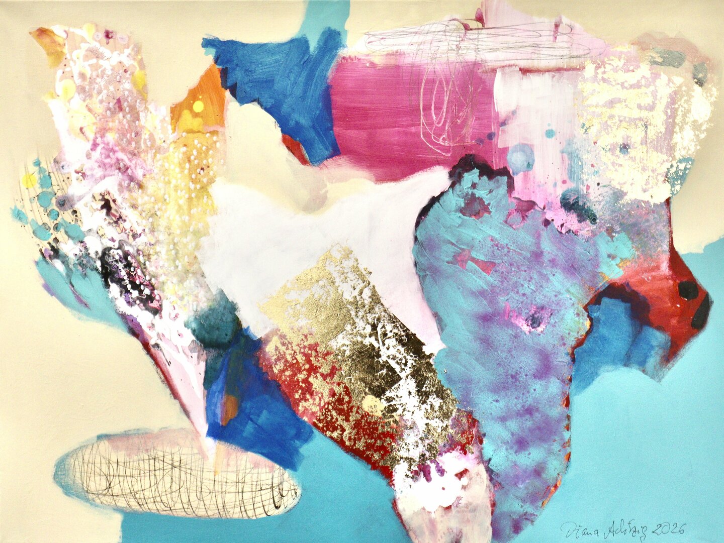 1. Diana Achtzig: „Wenn Ruhe auf Aufbruch trifft“, Acryl auf Leinwand, 60 x 80 x 1,5, 2026, 600 €